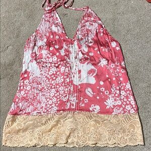 Silk Floral Pink white and Cream Halter Top new medium